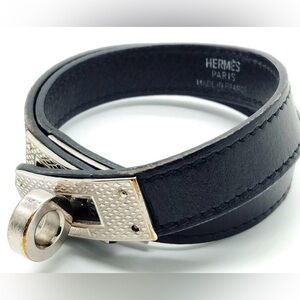Hermes Double Tour Black Leather/ Silver Twist Lock Clasp Bracelet